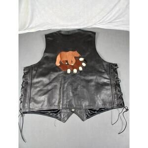 Vintage Mega Force Leather Biker Vest Size 58 Black Snap Front Lace Up Sides...